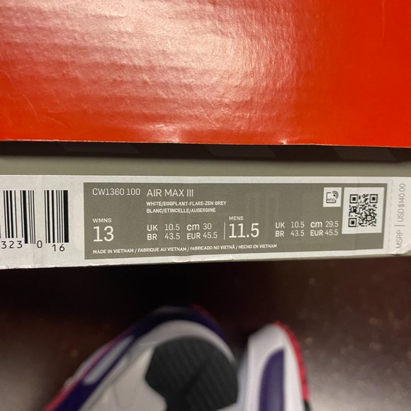 Nike Unisex White Gray Air Max III CW1360-100 Athletic Sneaker Shoes M11.5 W13 - Picture 5 of 5